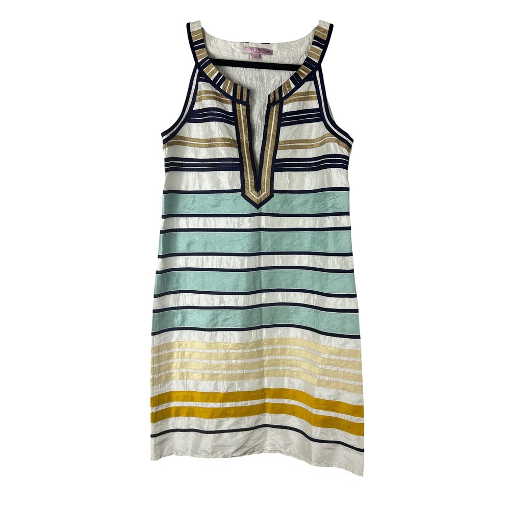 Calypso St. Barth Silk Striped Sleeveless Shift Dress Blue White Gold XS